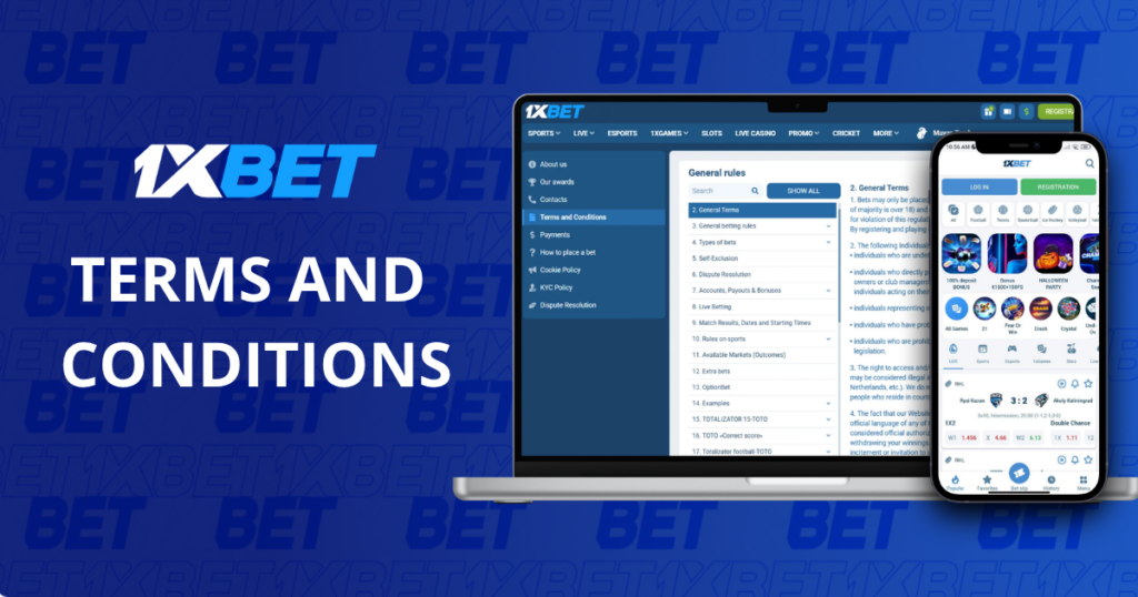 1xBet Terms and Conditions displayed on a laptop and smartphone