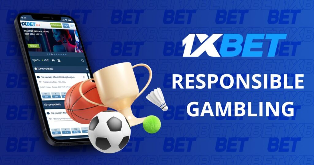 1xBet responsible gambling with sports equipment and a smartphone